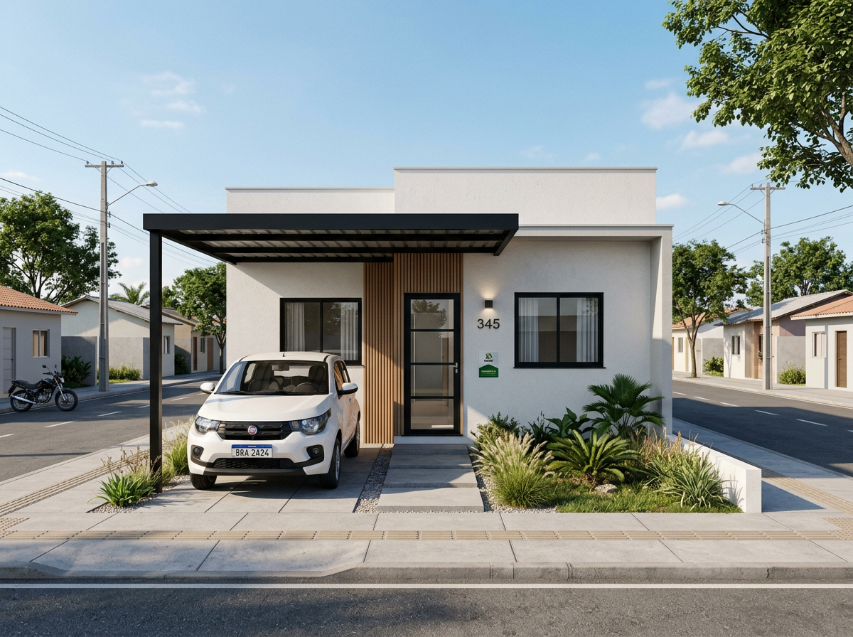 Fachada da casa de 55 m² do Nova Jardim, com vaga de garagem e painel ripado na entrada