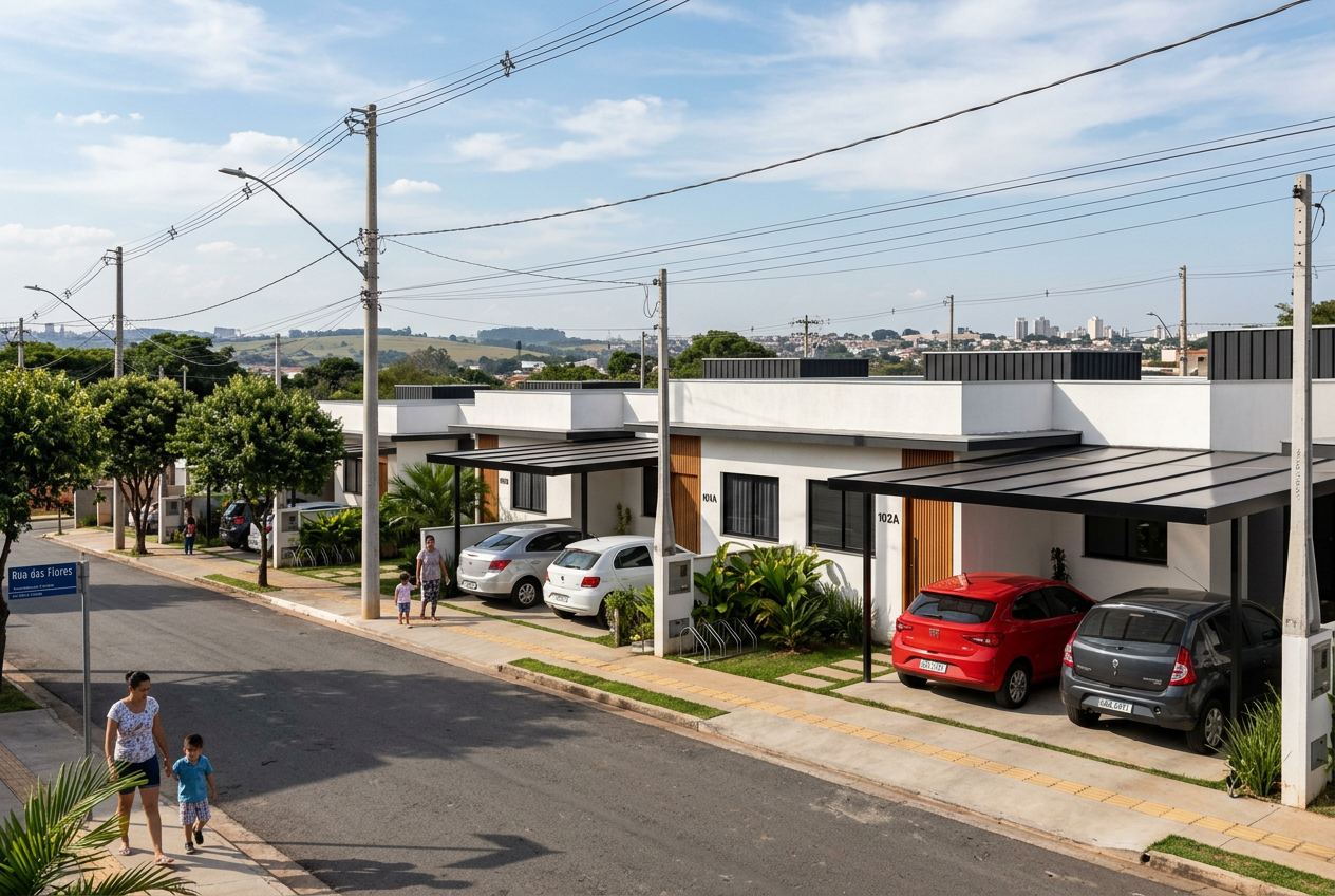 Conjunto de casas geminadas do Residencial Nova Jardins vistas da rua