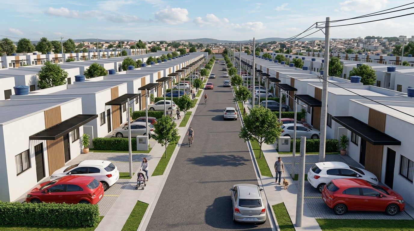 Rua do residencial aberto Nova Jardins com casas geminadas dos dois lados